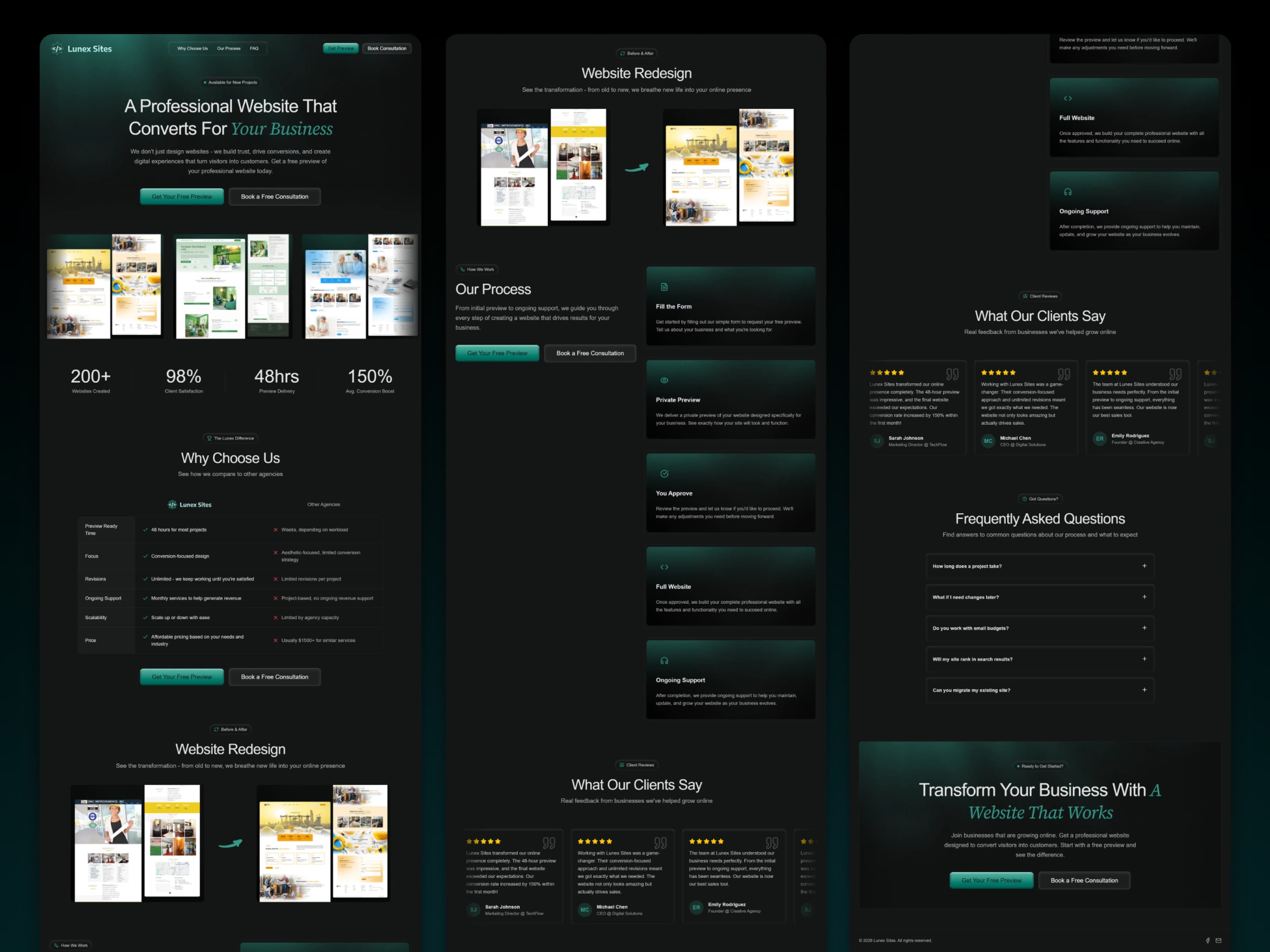 Lunex Sites agency website shown across multiple page sections