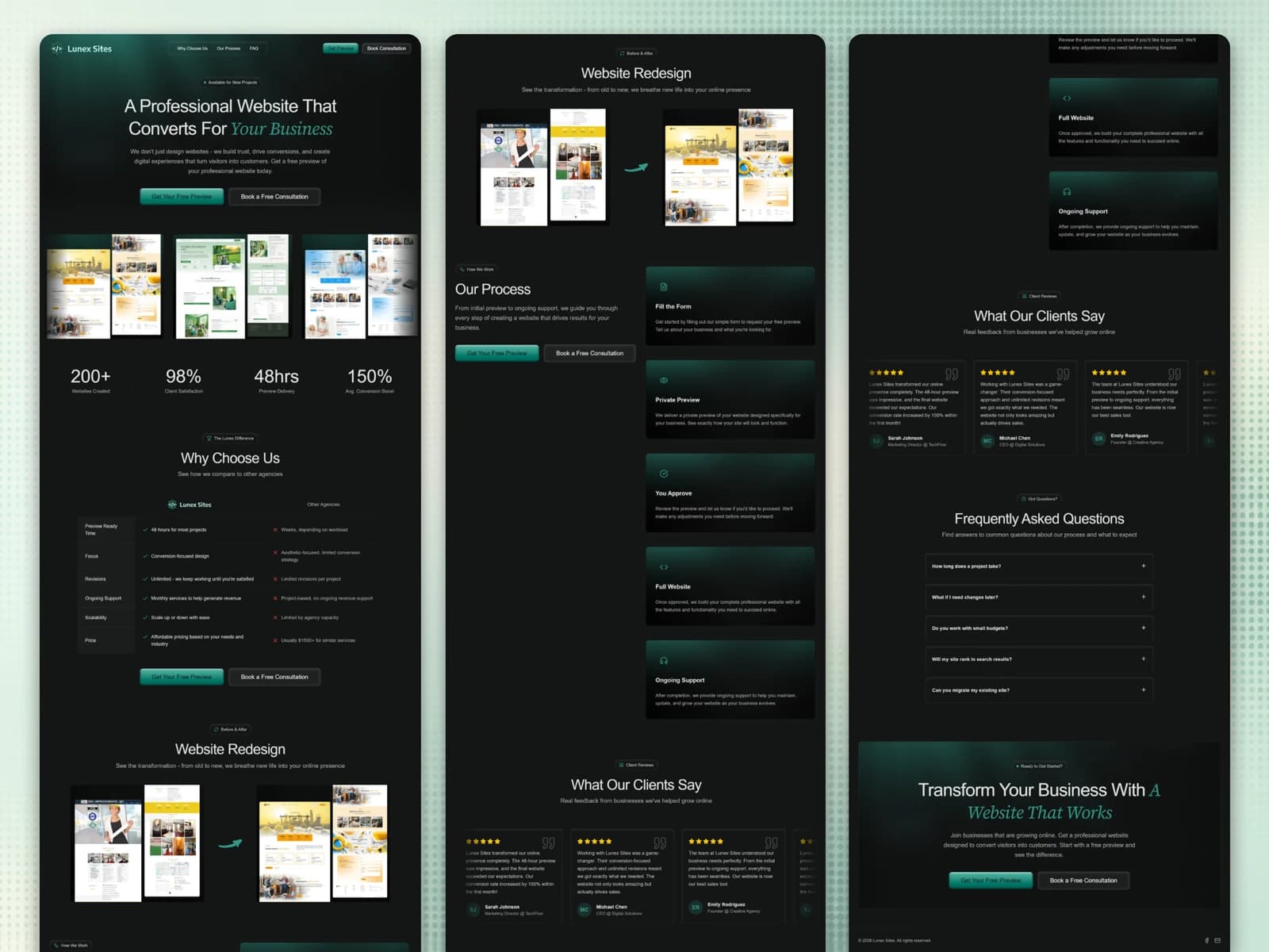 Lunex Sites’ green and black agency website, services and client review sections