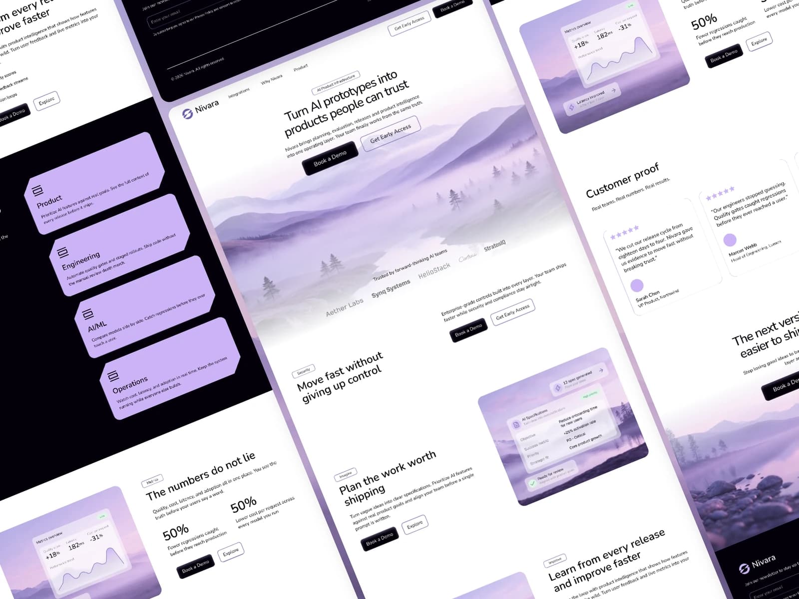 Nivara AI’s white and lavender SaaS template shown in an angled page collage